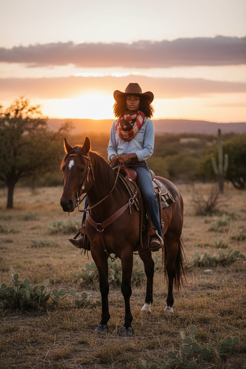 Person on horseback wearing American flag patterned infinity scarf in Texas