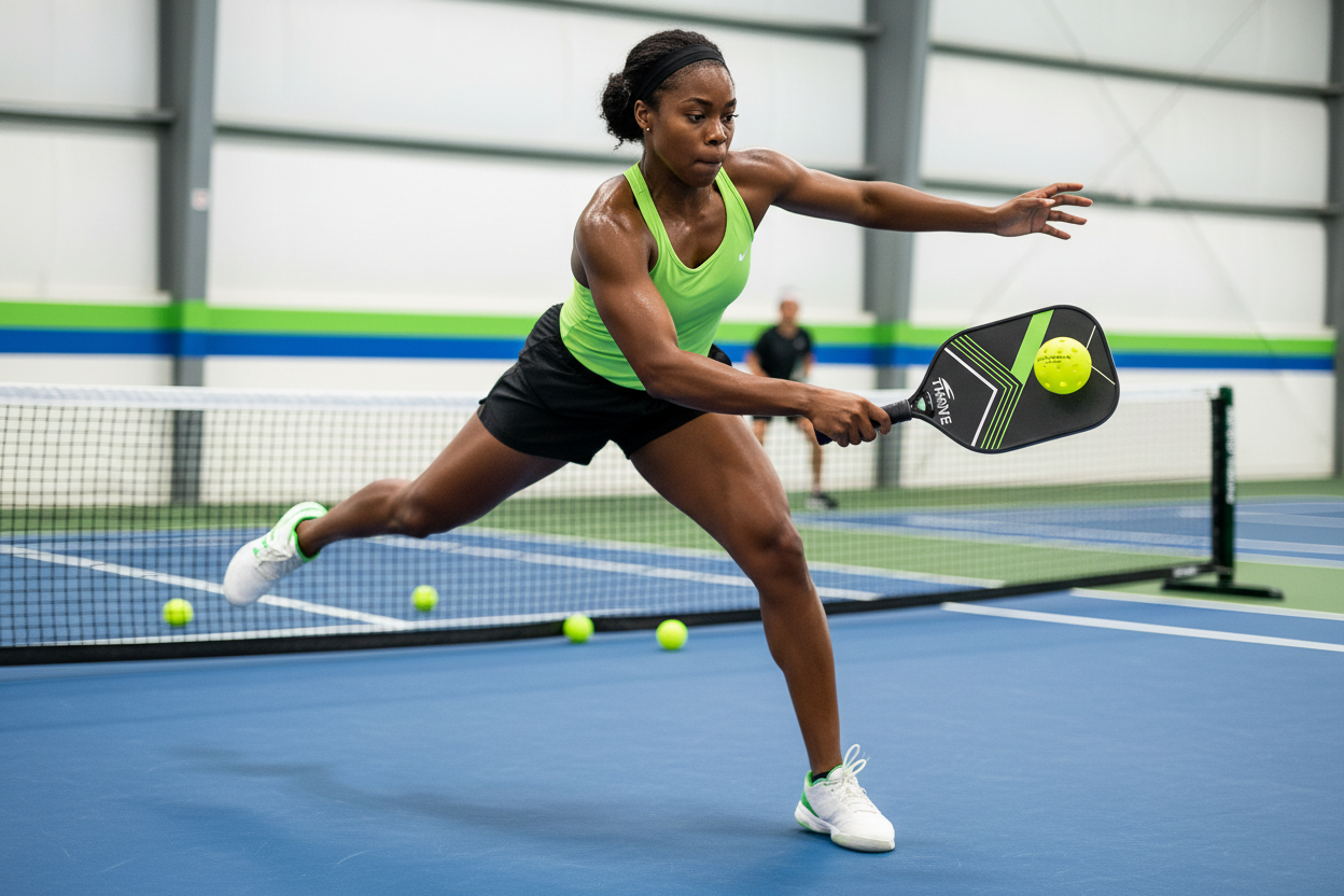 black female and green pickleball with 'Quick Strike 40' and 'GatorStrike' text on a indoor tennis court.