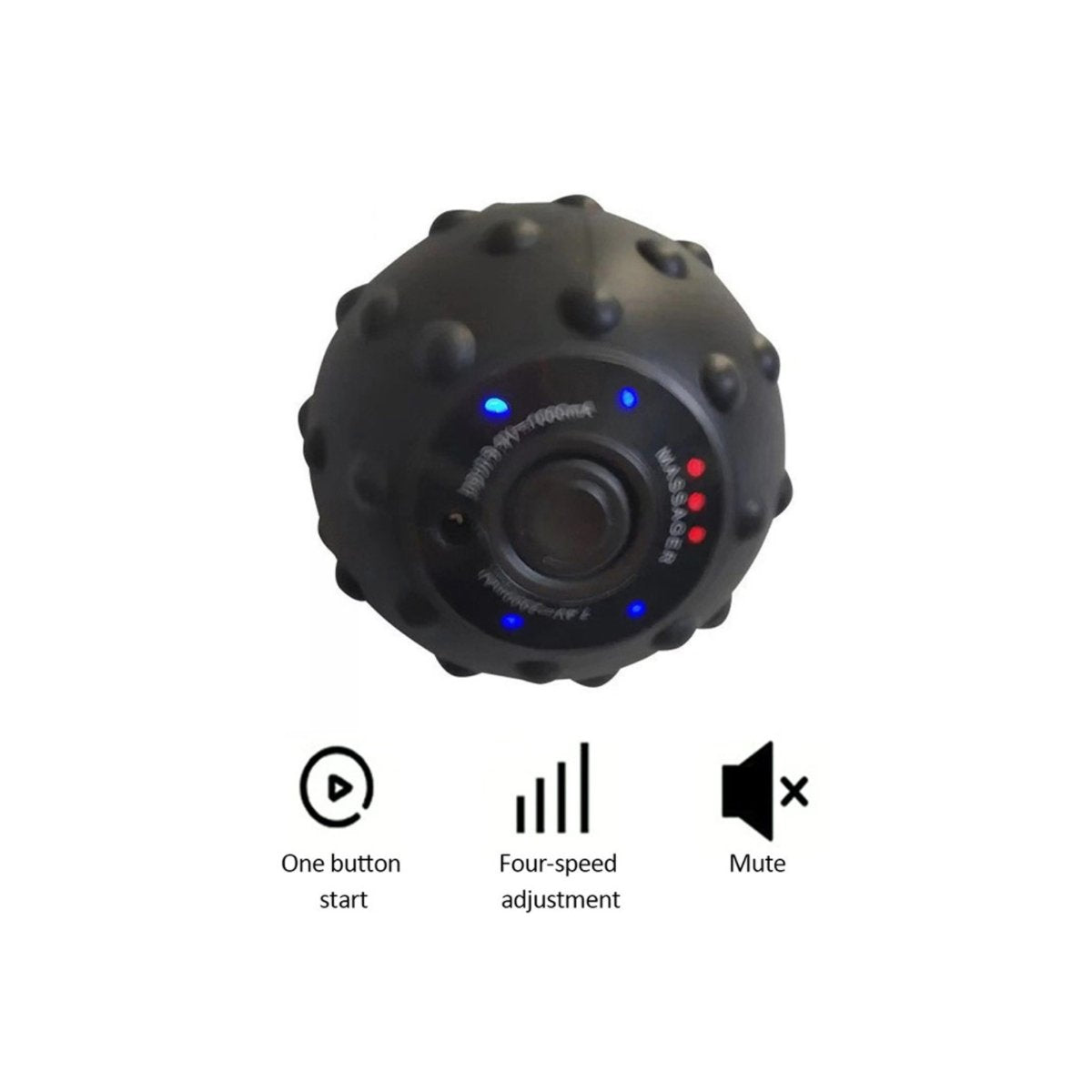 Black textured massage ball with control buttons and symbols on a white background
