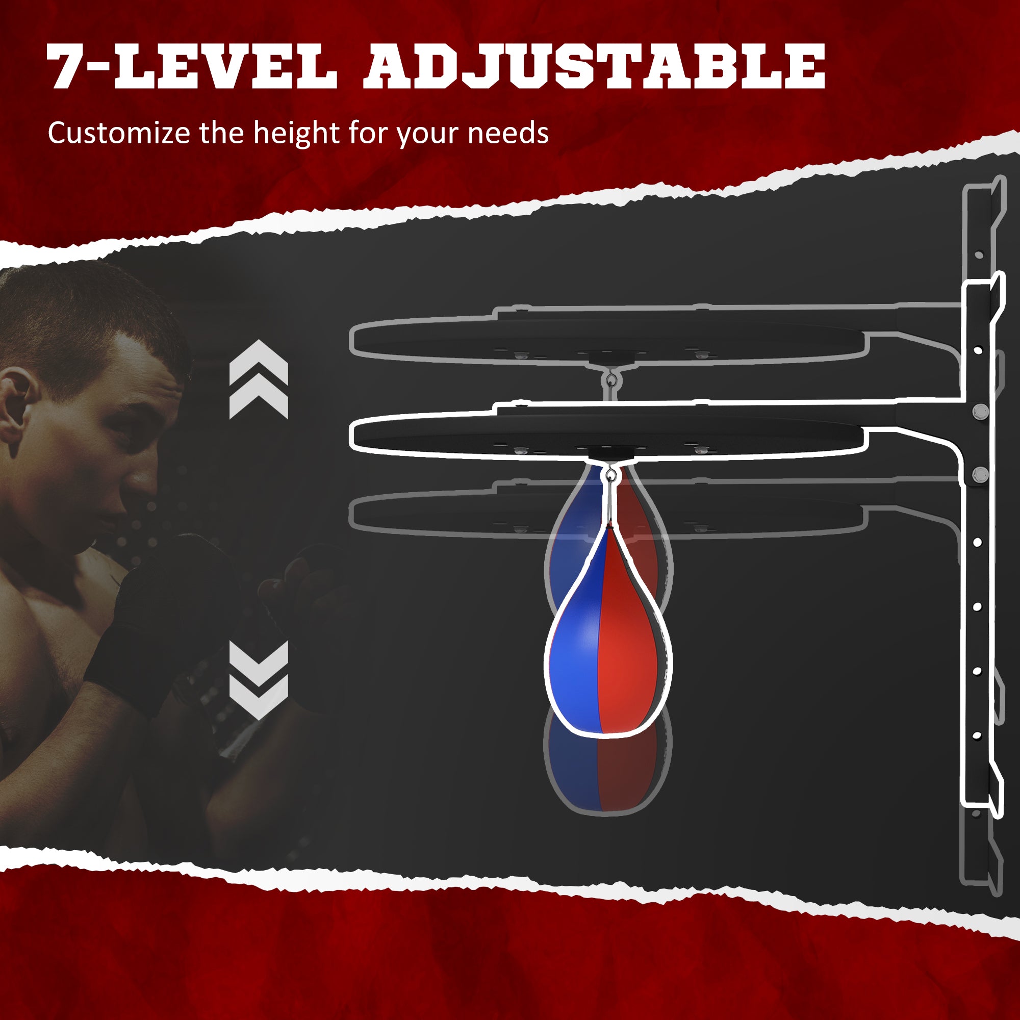 Boxing training setup with adjustable height feature and boxer in background.