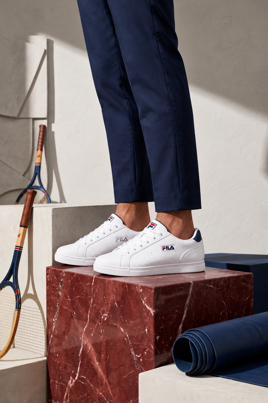 A person wearing navy pants and white FILA sneakers, with both shoes on a surface facing same direction, posed on a red marble pedestal in a minimalist studio setting with a tennis racket and rolled mat nearby.