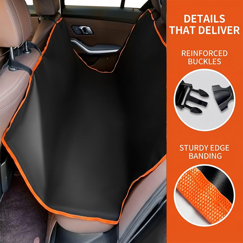 A black car seat cover with bright orange trim installed on a vehicle's front seat, shown in a car interior. The right side includes an orange information panel with text reading 'DETAILS THAT DELIVER' and circular inset images highlighting reinforced buckles and sturdy edge banding.
