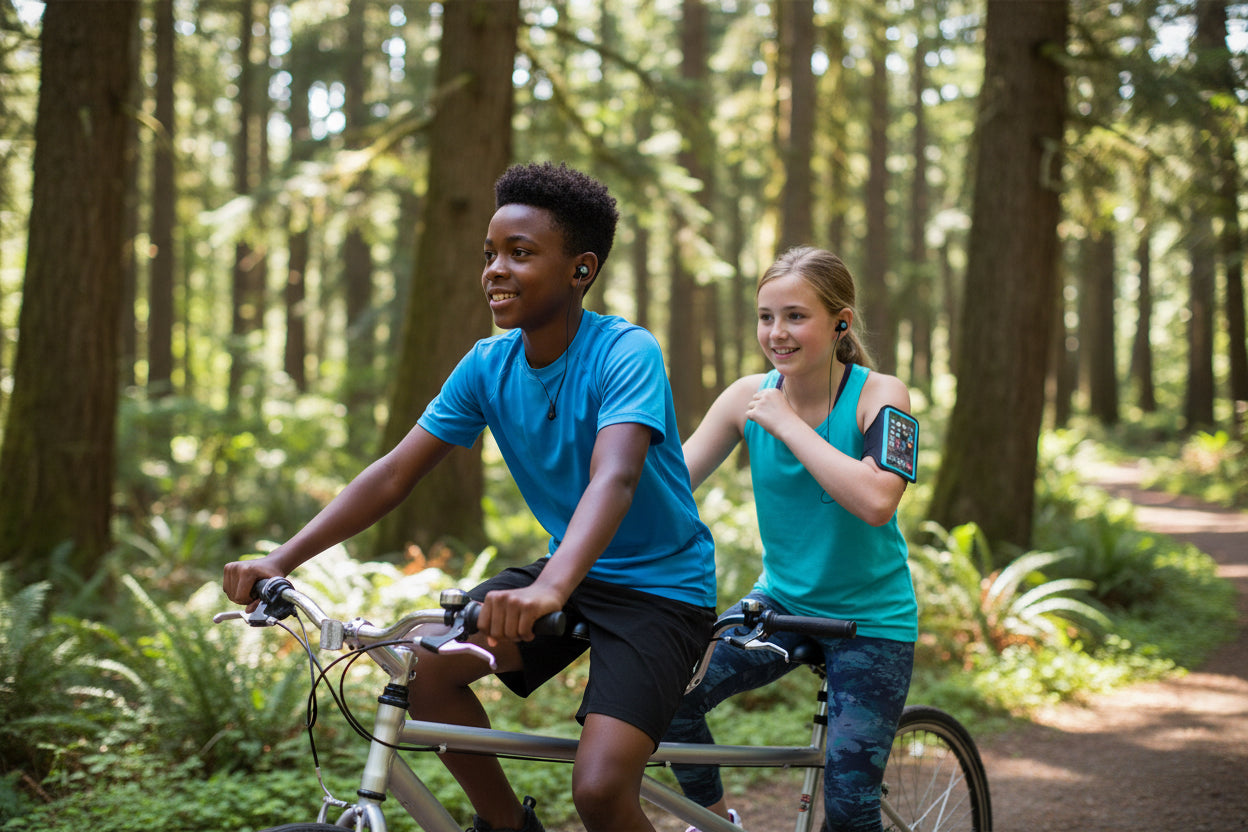 boy and girl riding tandem bike and girl wesring sporty arm band on trail in background.