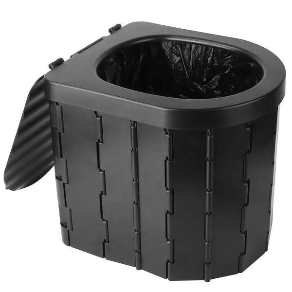 Black plastic trash can with a lid on a white background