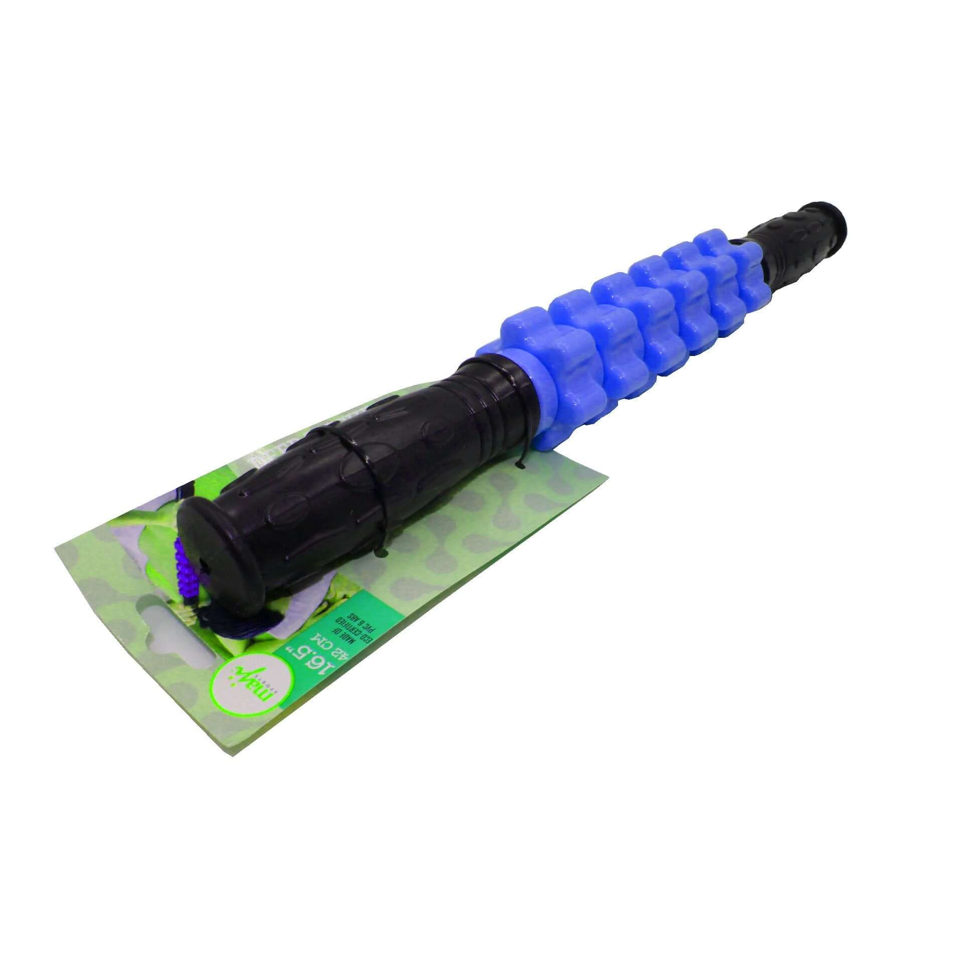 Blue and black foam roller on a green packaging background