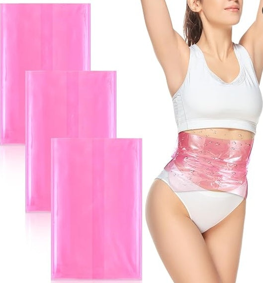 Three translucent pink pouches shown on the left, alongside a woman wearing a white sports bra and underwear with a shiny pink waist-trimming garment wrapped around her midsection, against a white background.