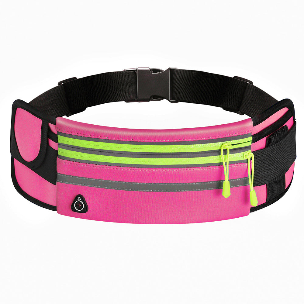 Pink waist bag with black and green accents on a white background
