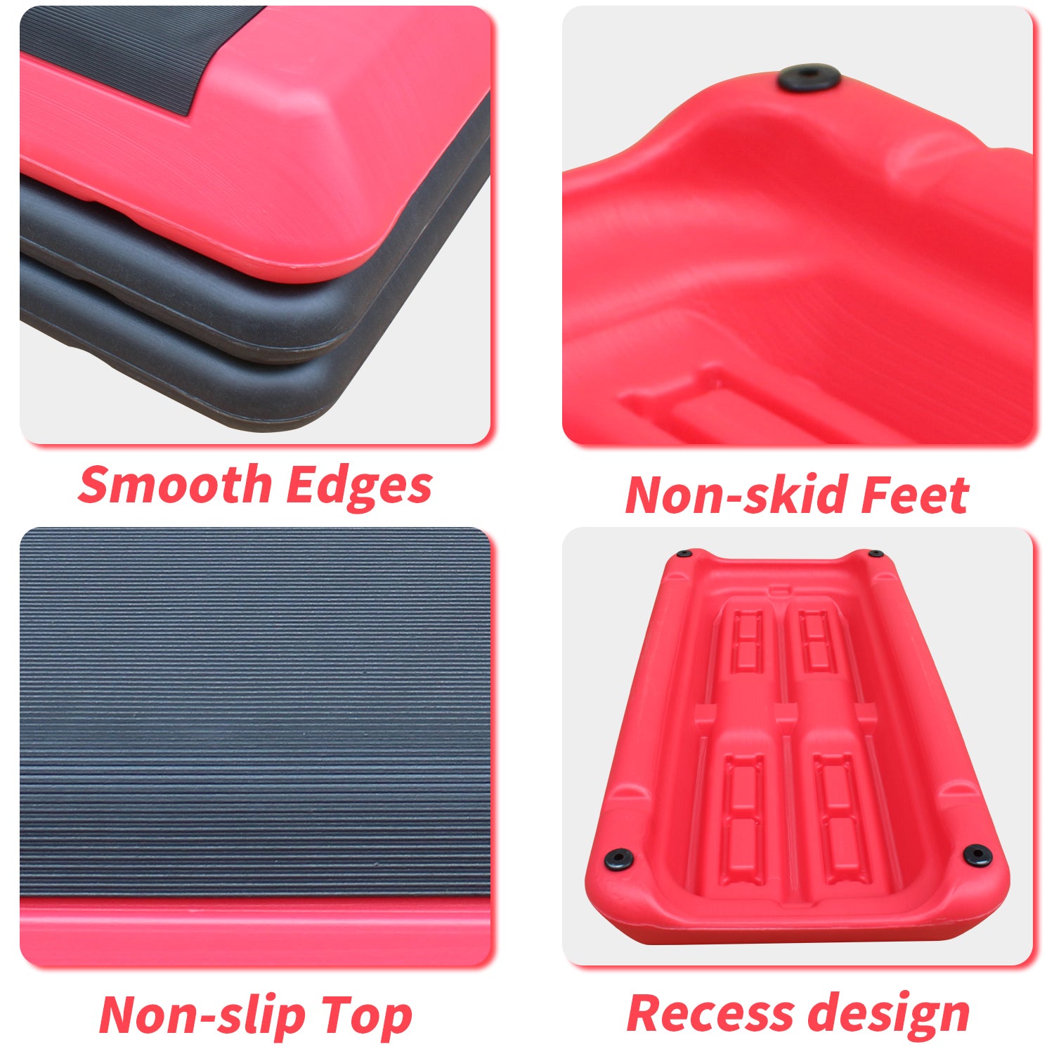 Product features including smooth edges, non-slip top, non-skid feet, and recess design on a white background.