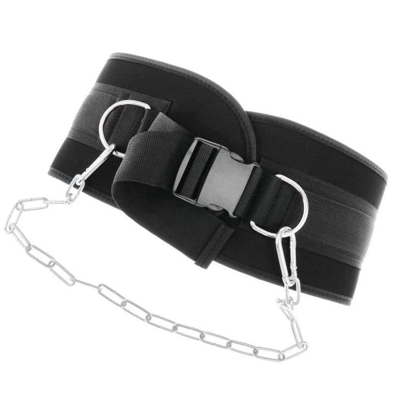 Black waist trainer with chain detail on a white background