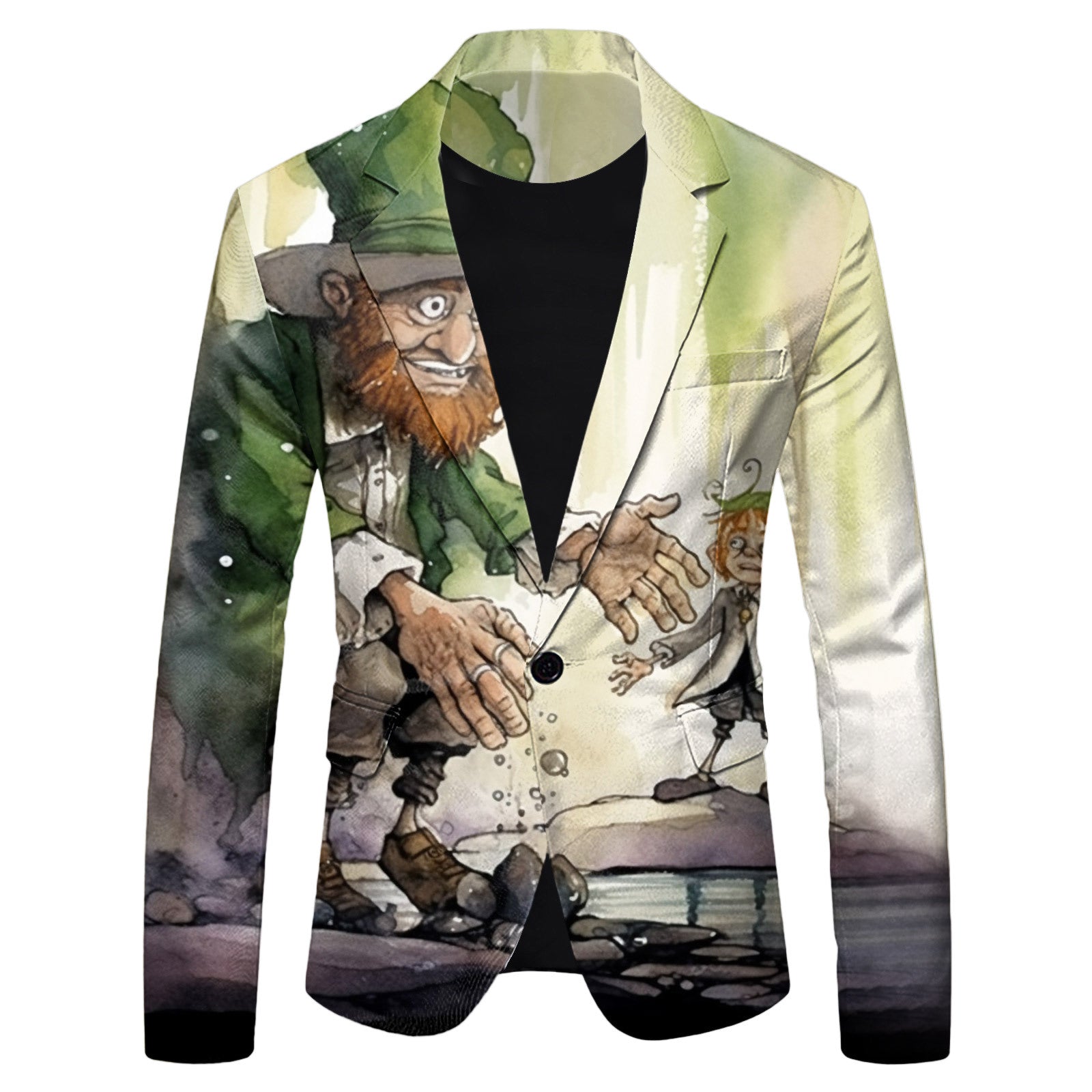 Blazer with a printed design of a man and child on a white background