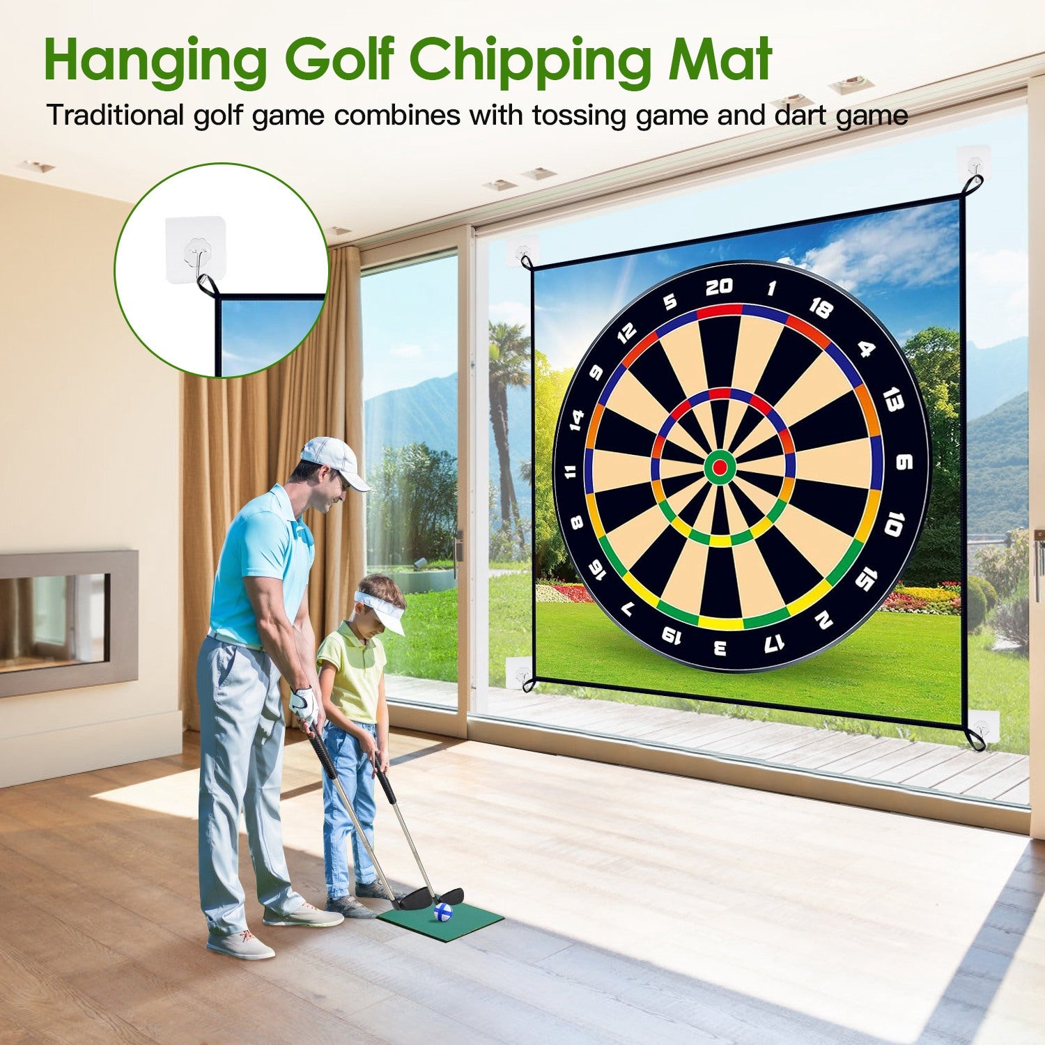 Hanging golf chipping mat with dartboard design in a room with large windows showing a garden view.