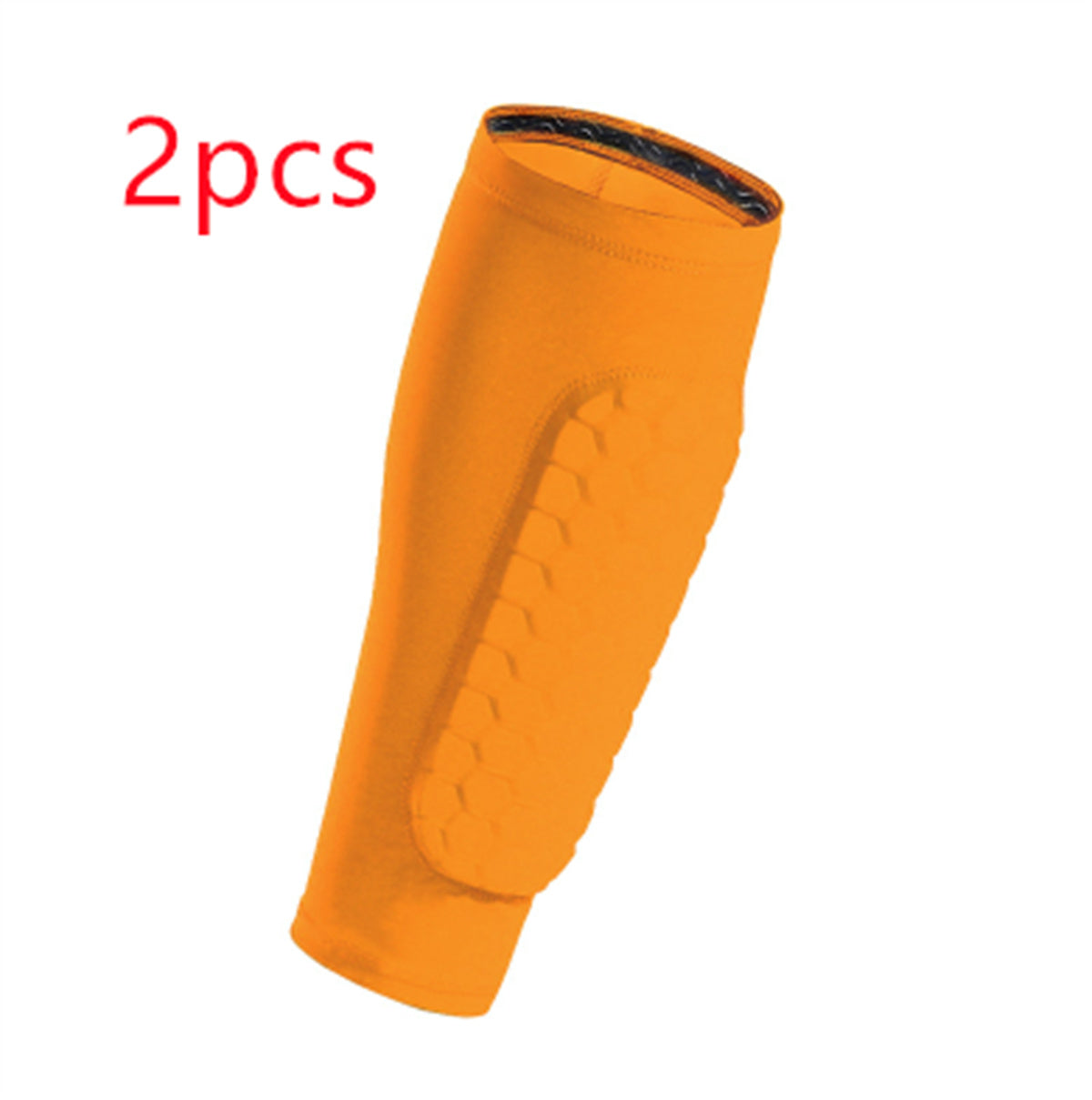 An orange athletic shin guard sleeve shown on a plain white background, with red text in the upper left reading '2pcs'.