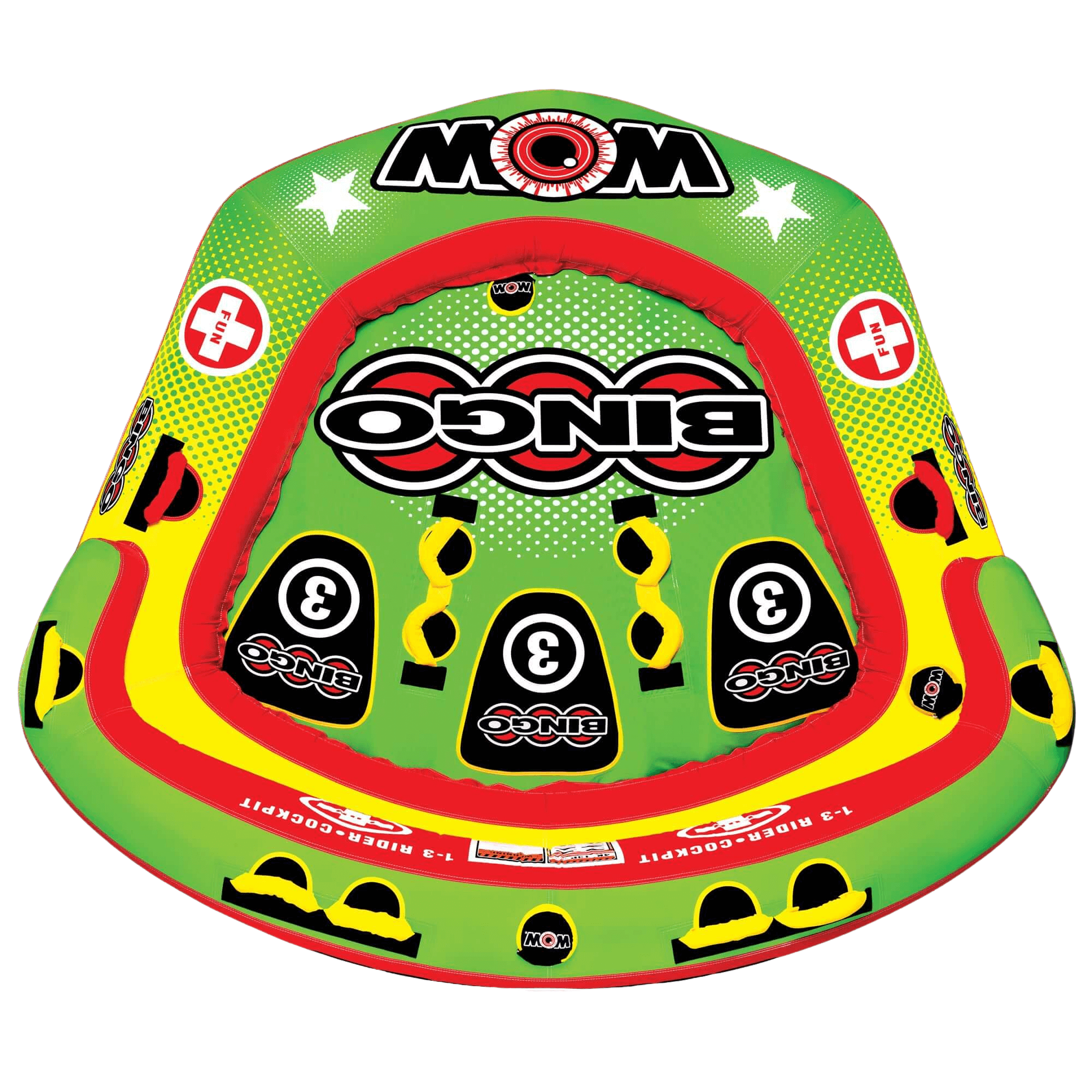 Colorful inflatable tube with 'Mom' and 'Onie' branding on a white background