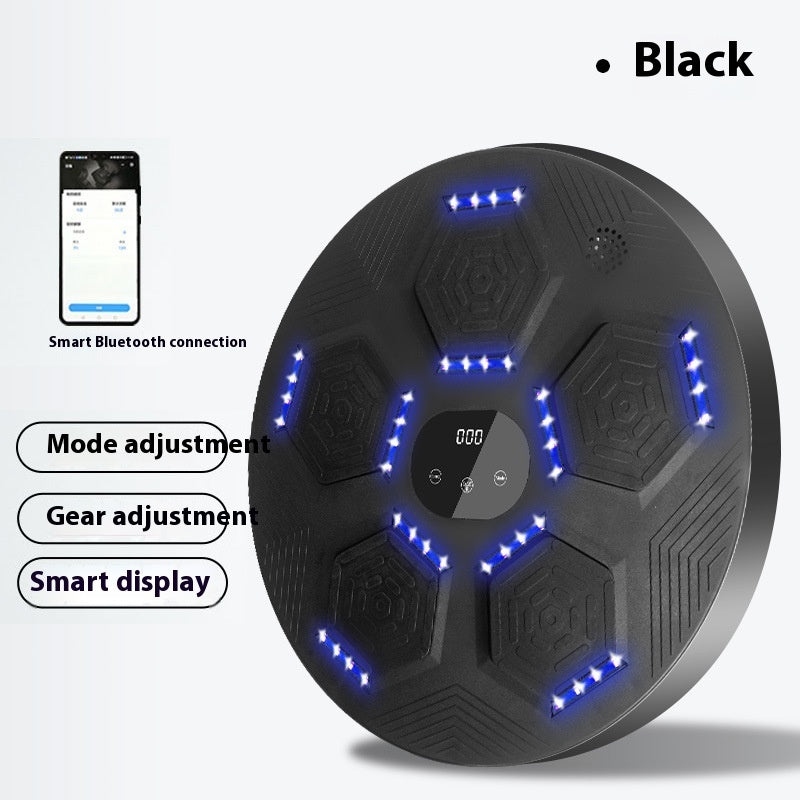 Black electronic device with blue LED lights and smartphone app on white background