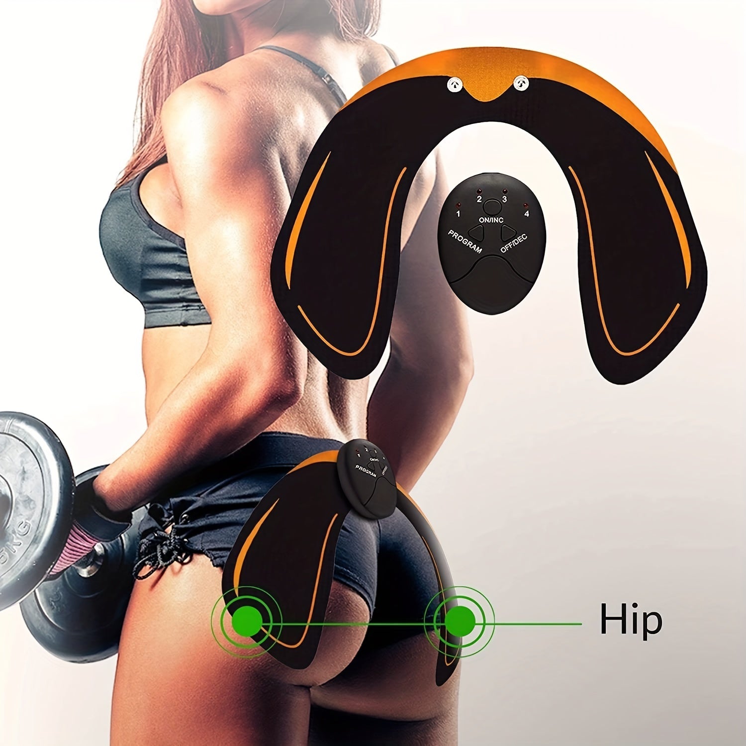 Woman exercising with a hip trainer device on a white background