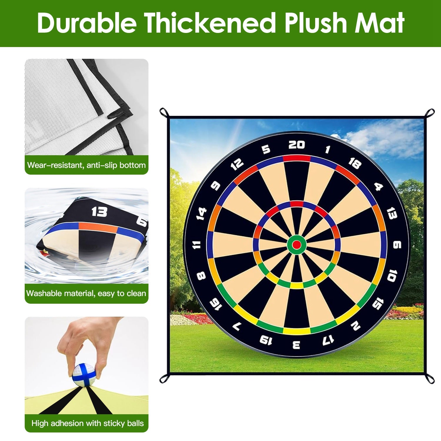Durable thickened plush mat with dartboard design, showing features like wear-resistant bottom and washable material.