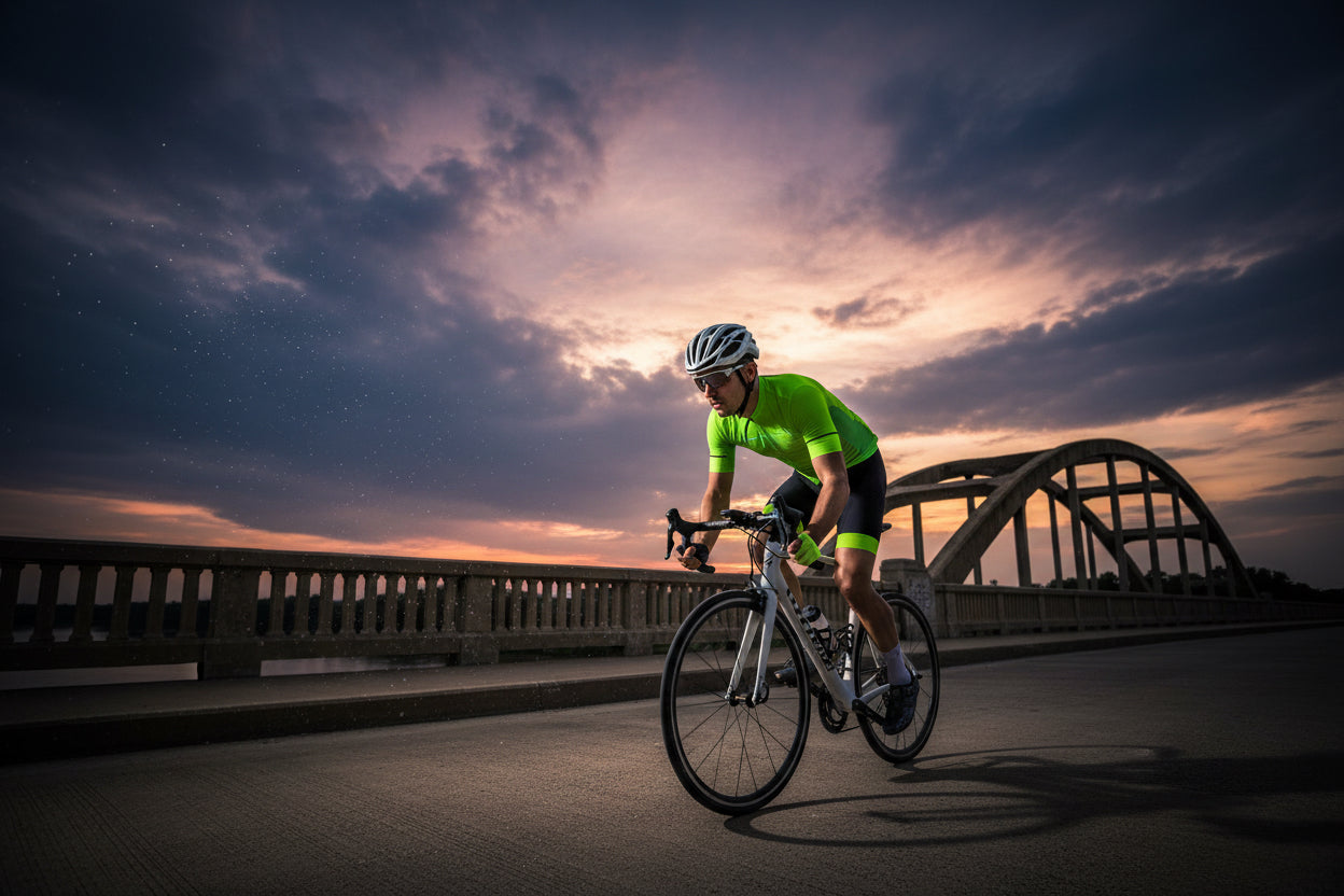 Cyclist wearing Fluorescent green cycling jersey with reflective stripes on a bridge in background