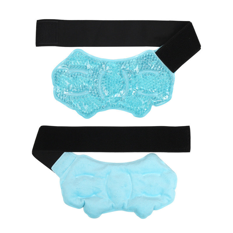 Two blue gel eye masks with black straps on a white background