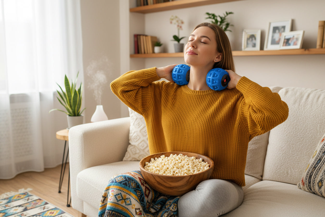 A woman with two Blue massage roller with textured surface in home eating popcorn