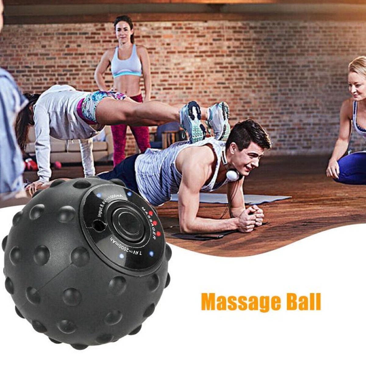 Black massage ball with people exercising in the background