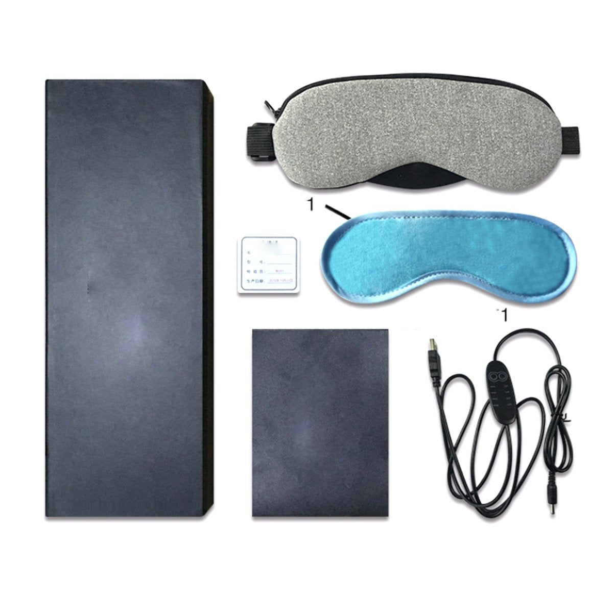 Set of eye masks, a power bank, and earbuds on a white background