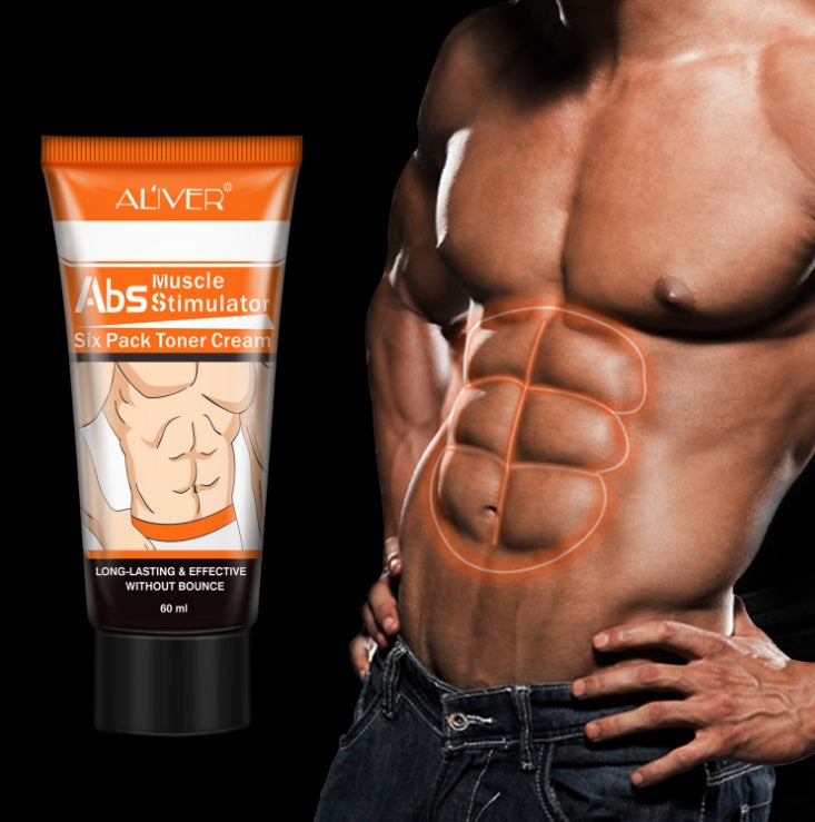 Tube of Aliver Abs Muscle Stimulator Cream with a person showing a six-pack on a black background