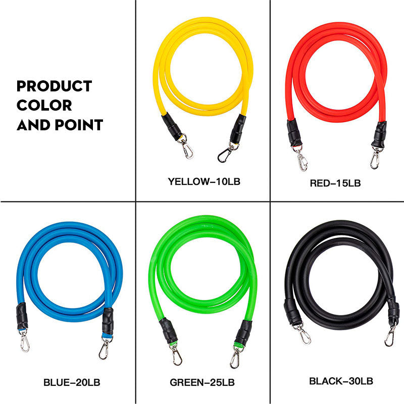 Set of resistance bands in different colors with weight labels on a white background