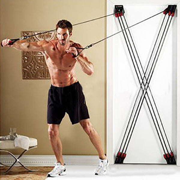 Man exercising with a resistance band in a home setting