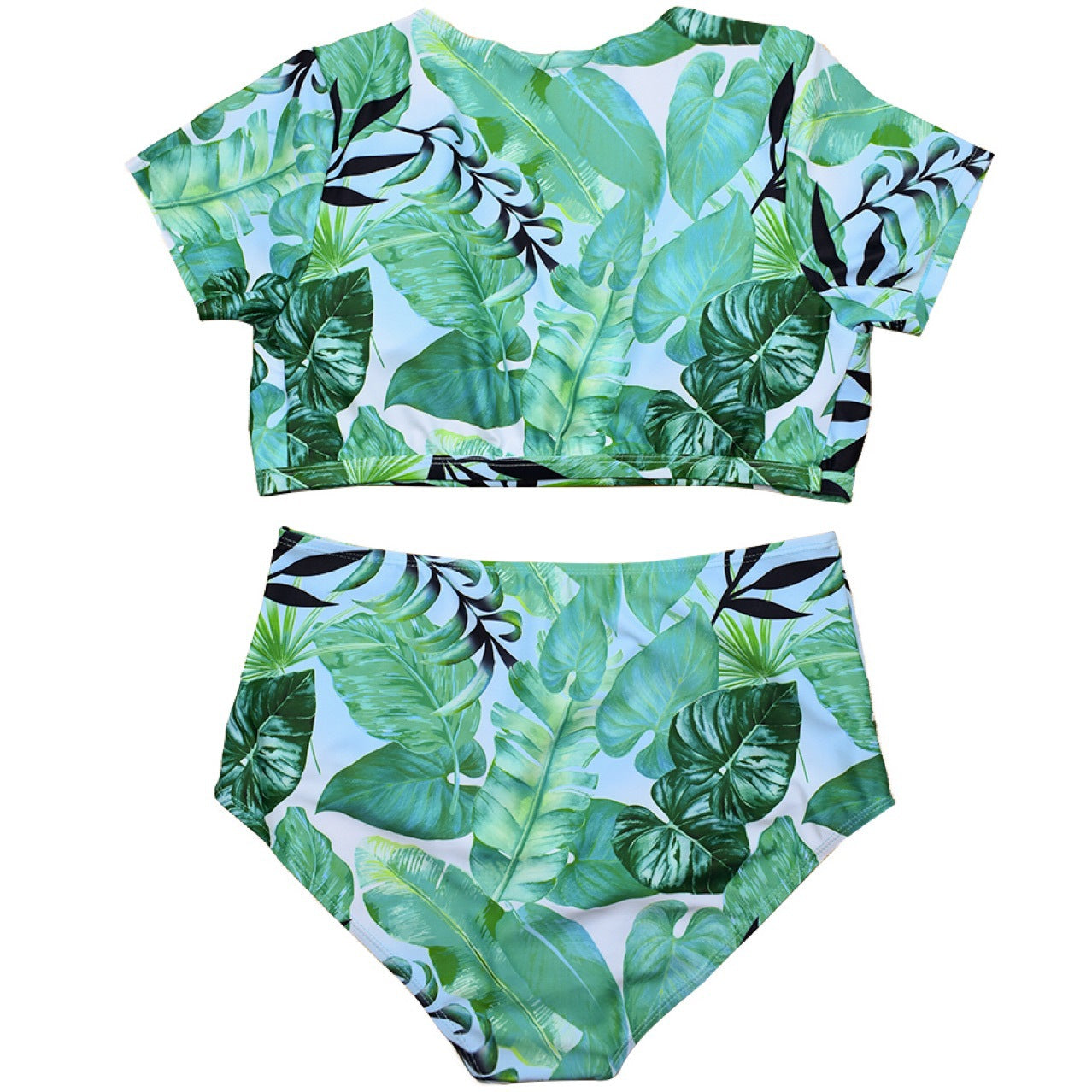 Tropical leaf patterned two-piece swimsuit on a white background