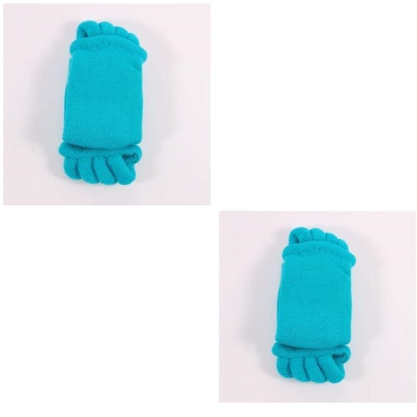 Two pairs of teal toe socks on a white background