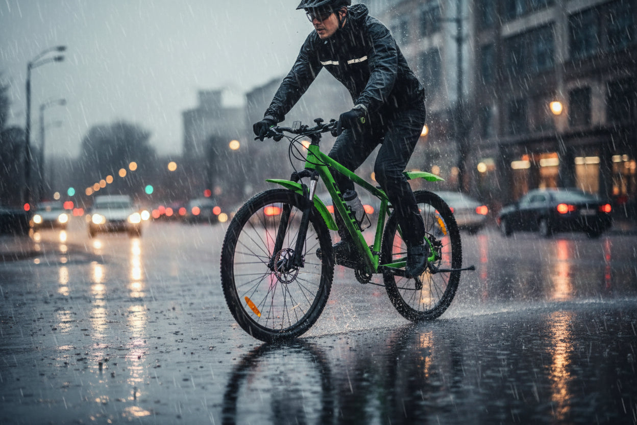 Green bike mudguards with black hardware mounted on a bike during rainy weather.