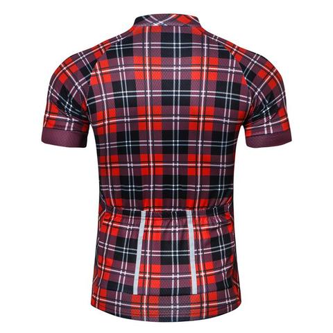 A short-sleeve cycling jersey shown from the back, featuring a red, black, and white plaid pattern with a matching back pocket.
