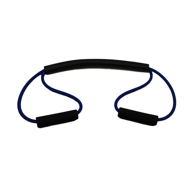 Black resistance band with blue cables on a white background