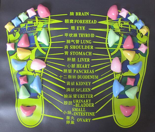 Colorful acupressure foot chart with labeled body parts on a black background