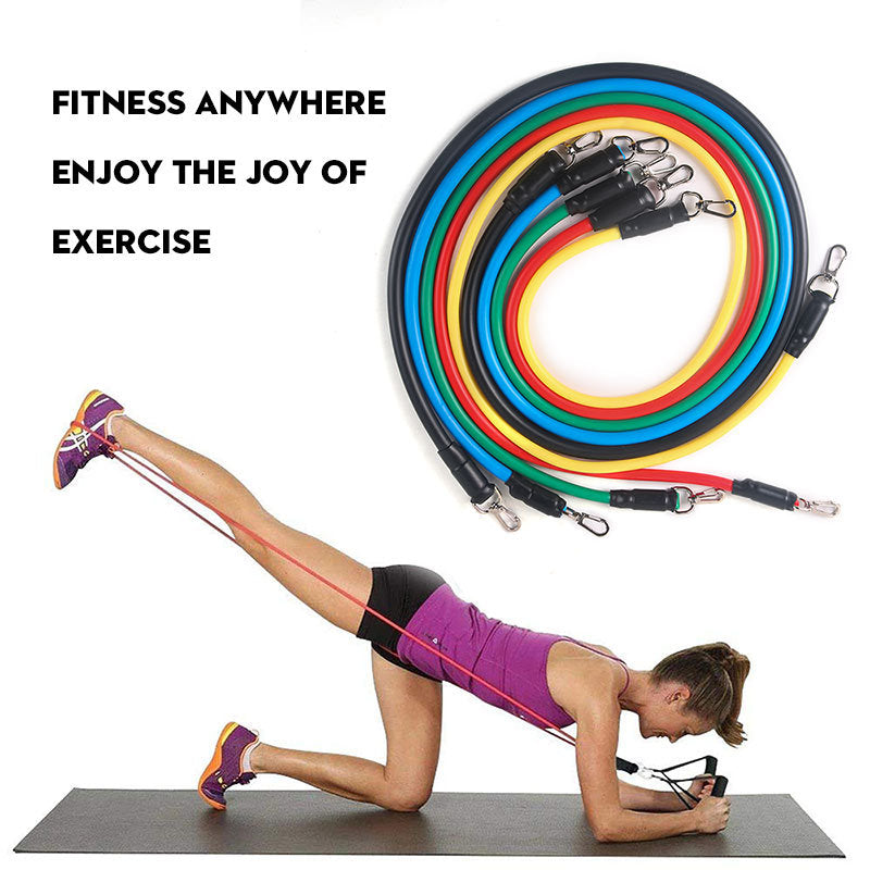 Woman exercising with resistance bands on a mat, with text 'Fitness Anywhere, Enjoy the Joy of Exercise' and a colorful resistance band.