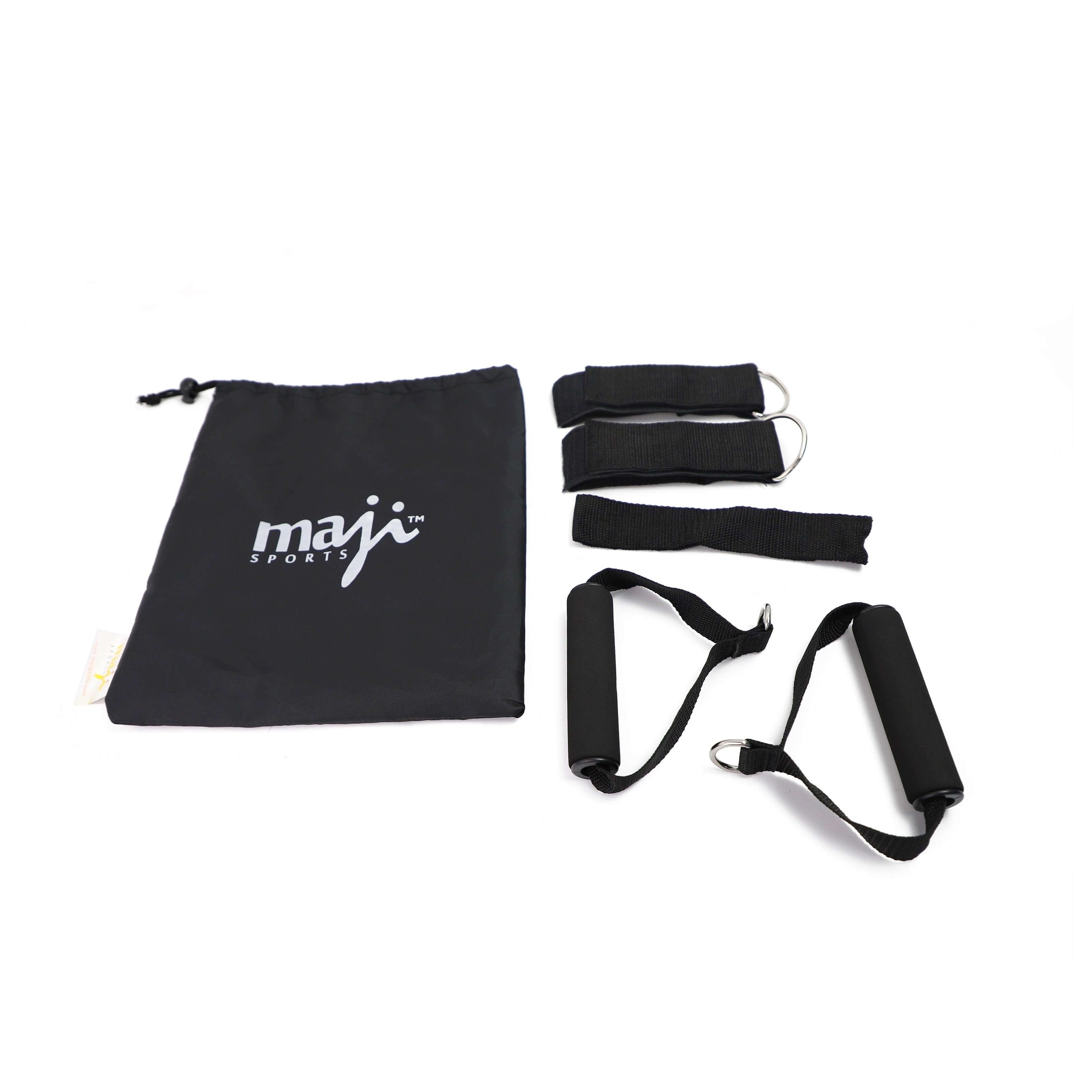Black resistance bands with a black drawstring bag featuring 'maia Sports' logo on a white background