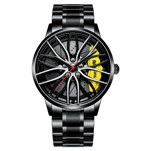 Watch with wheel design face on black band against white background