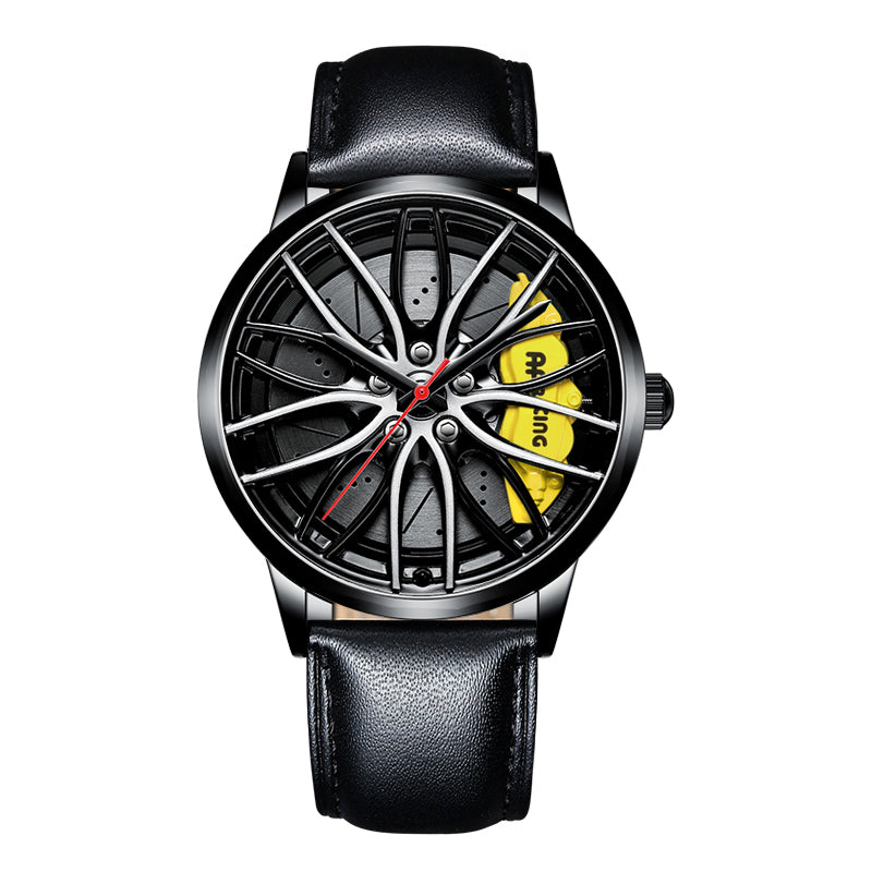 Watch with black leather strap and unique face design on a white background