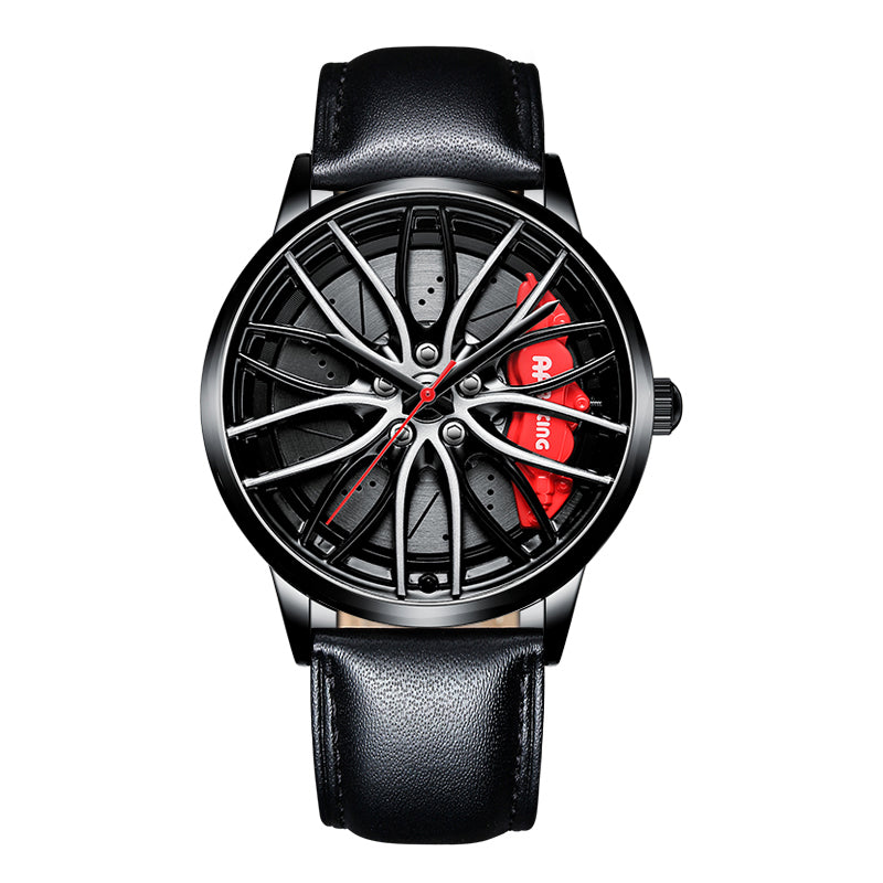 Wristwatch with black leather strap and unique face design on a white background
