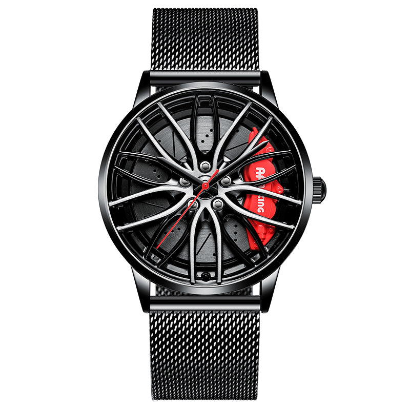 Wristwatch with black mesh band and car wheel design on face against white background