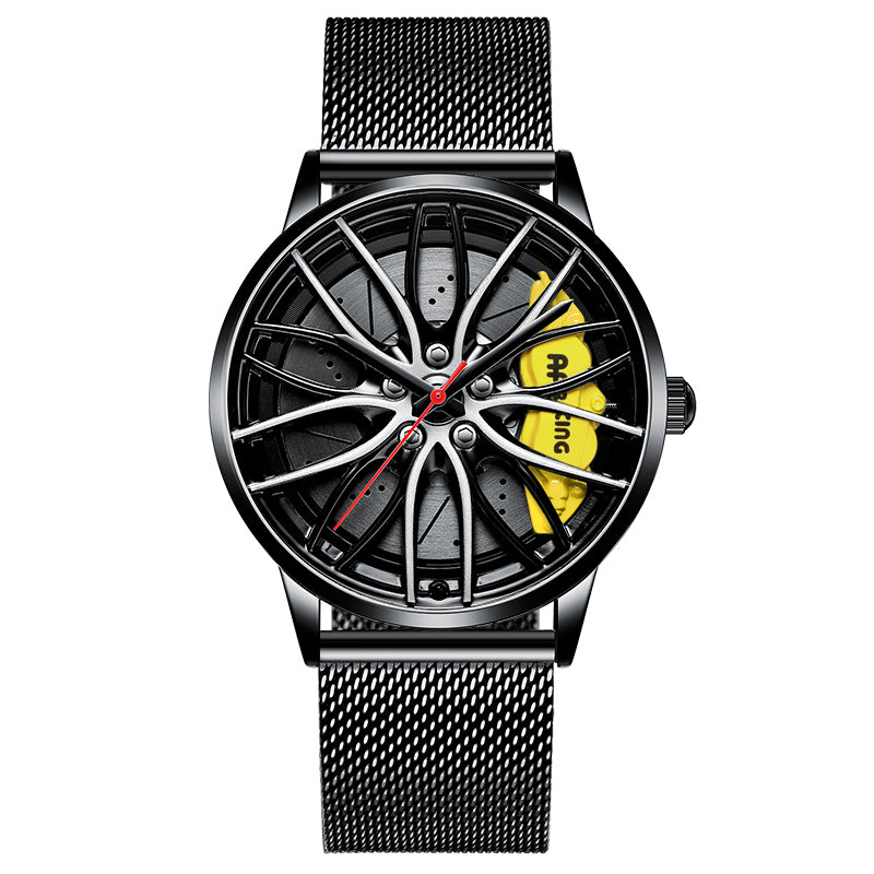 Wristwatch with black mesh strap and unique face design on a white background