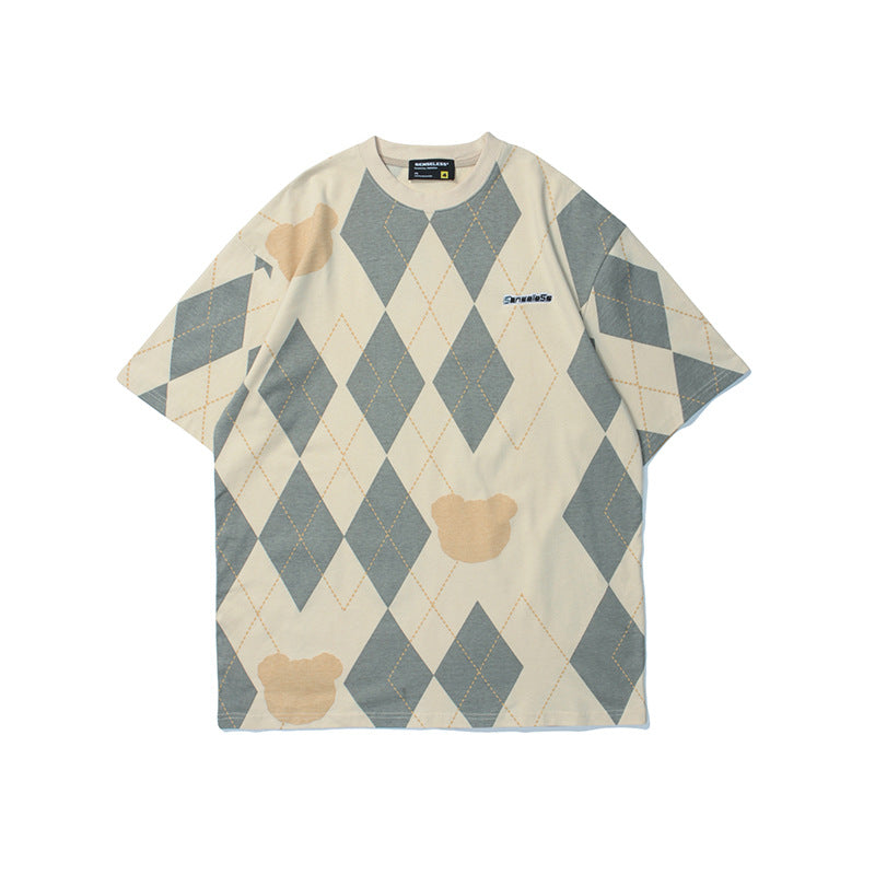T-shirt with argyle pattern and bear designs on a white background