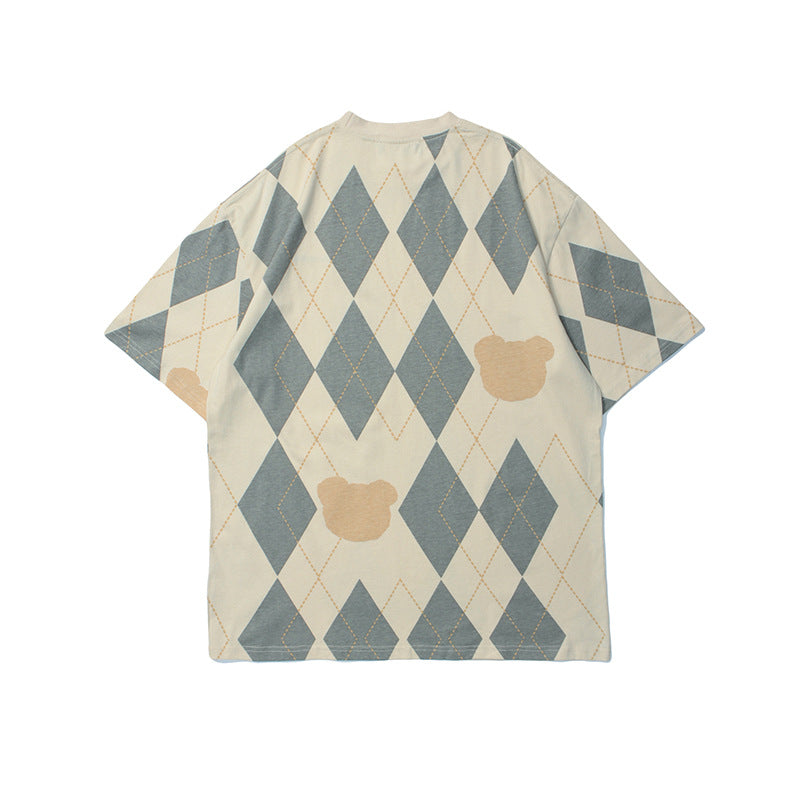 T-shirt with argyle pattern and bear faces on a white background