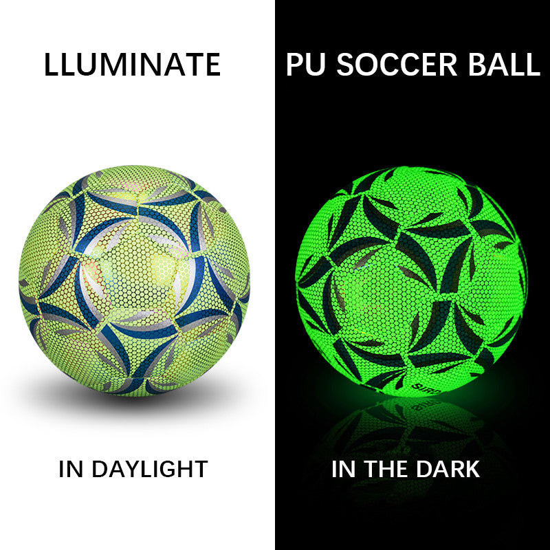 Glowing green soccer ball on a black background with text 'LLUMINATE PU SOCCER BALL IN THE DARK'.