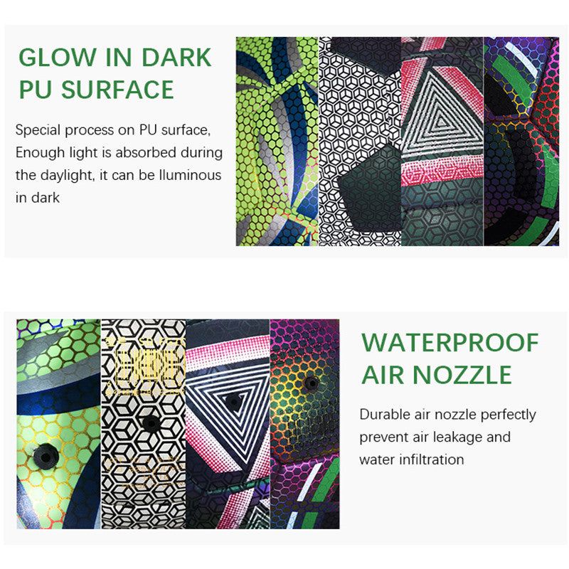 Text and patterned air nozzles with 'Glow in Dark PU Surface' and 'Waterproof Air Nozzle' features.