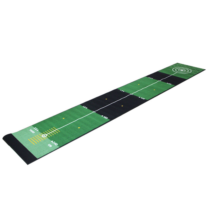 Golf putting mat with green surface and black border on a white background