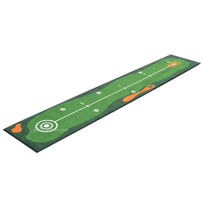 Golf putting green mat with targets and lines on a white background