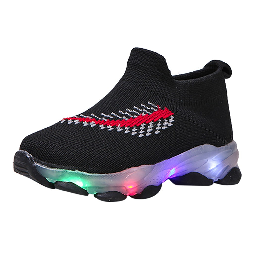 Black LED sneaker with colorful lights on a white background