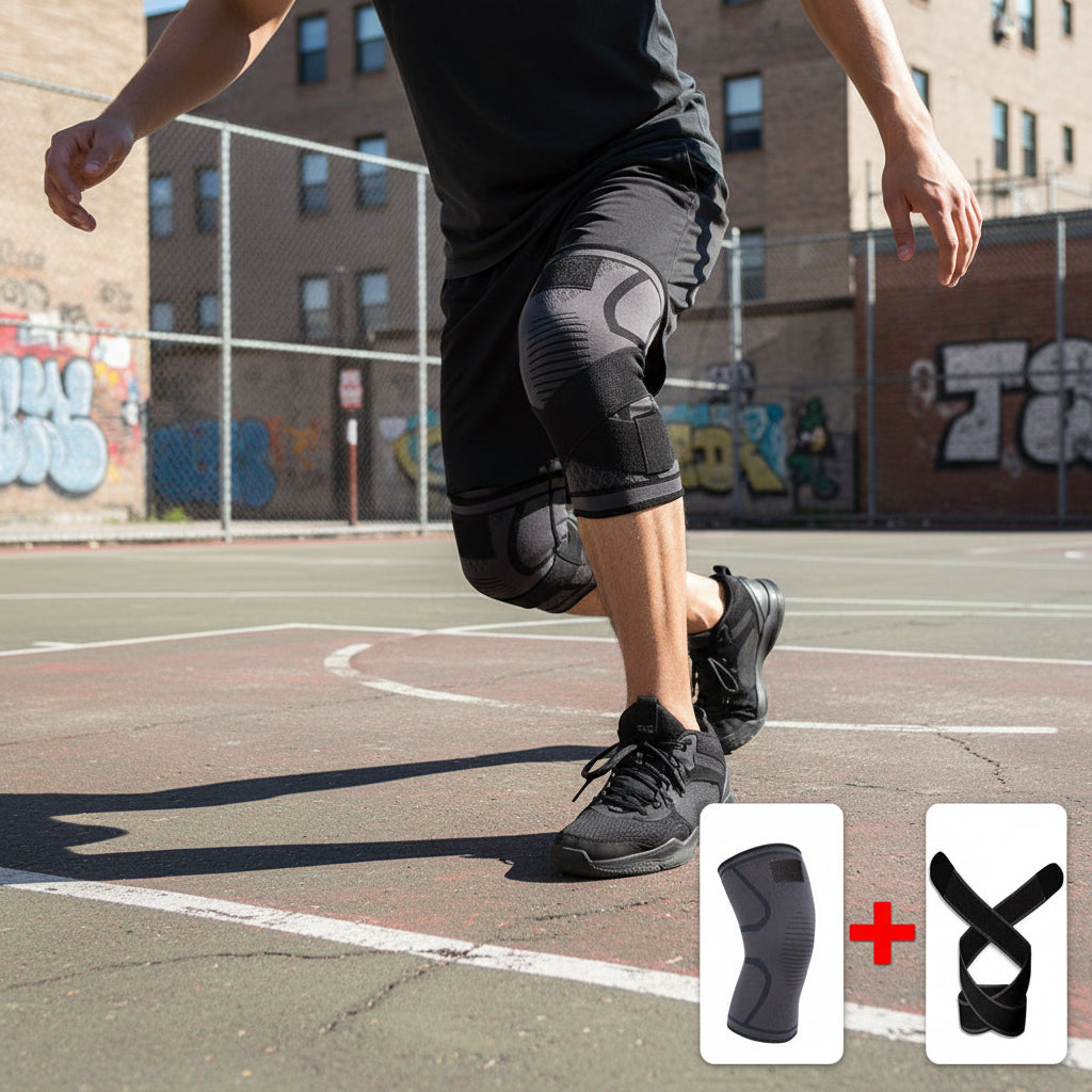 Person wearing a black and gray knee brace with additional images of the brace on a white background.