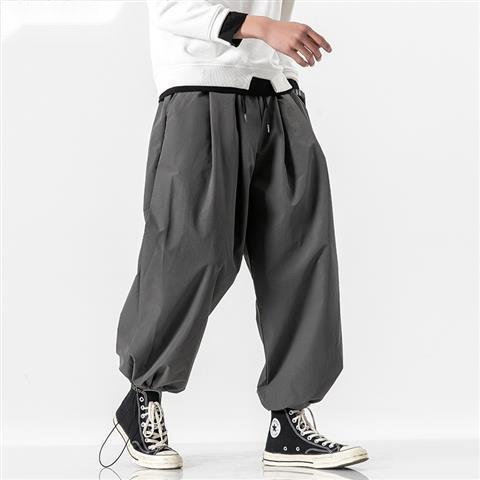 Person wearing gray baggy pants with a white shirt and black sneakers on a light gray background